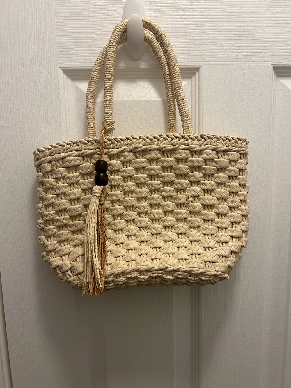 Neutral Woven Straw Tote Bag with Tassel